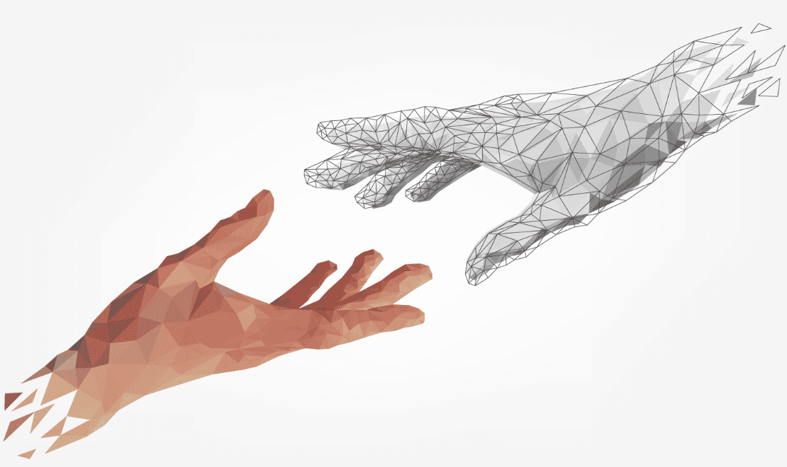 A human hand reaches for a geometric 3D pencil drawing hand