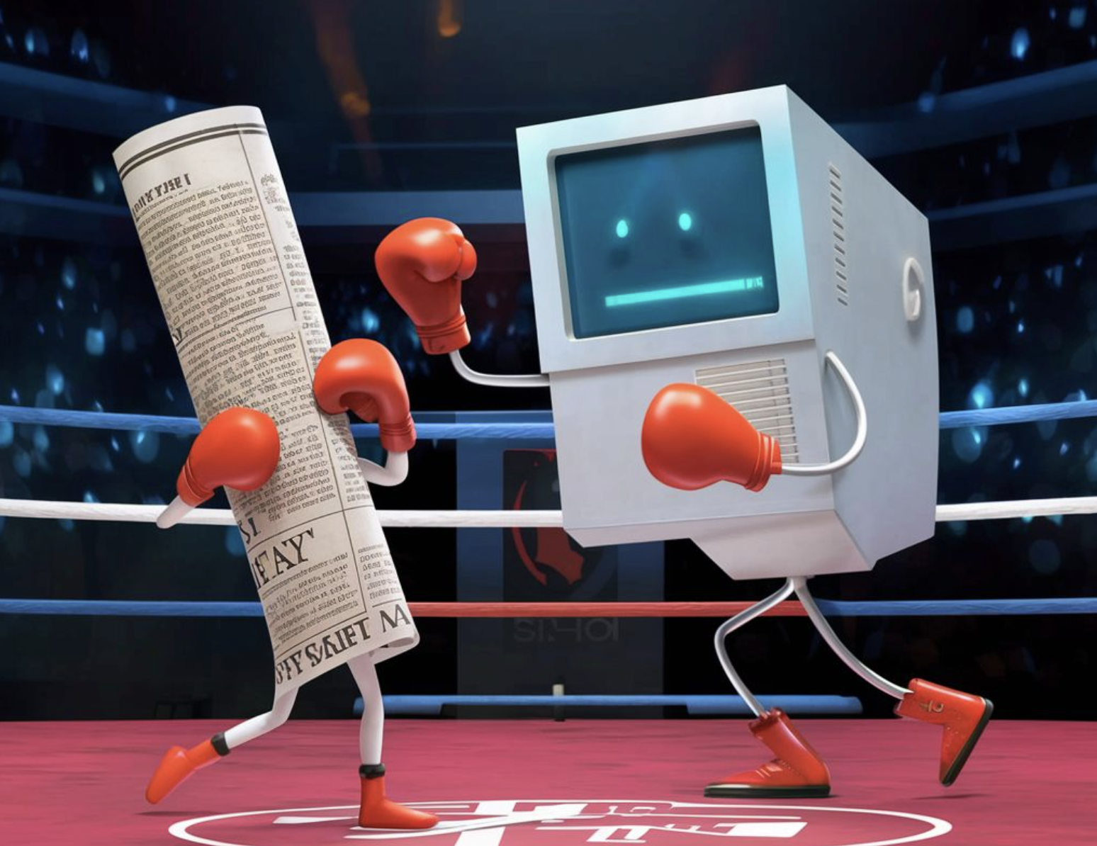 Ideogram. “A newspaper in a boxing match with technology.”